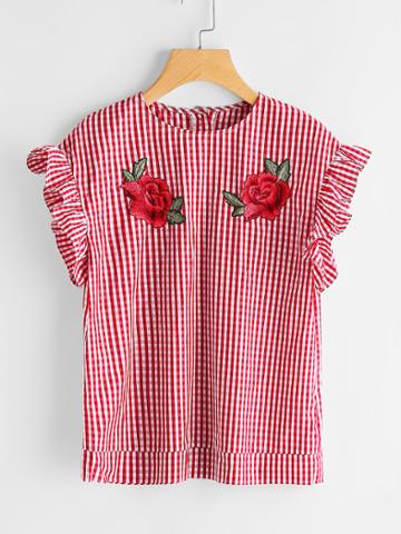 Shein Embroidered Rose Applique Frill Cap Sleeve Checkered Top