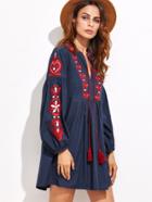 Shein Navy Embroidery Fringe Detail Shift Dress