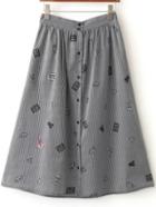Shein Black Striped Cartoon Print Button Up Midi Skirt