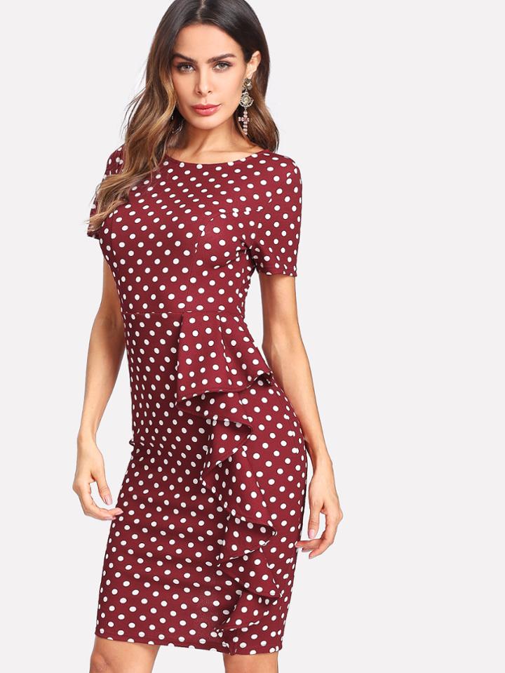 Shein Ruffle Trim Polka Dot Slit Back Dress