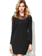 Shein Black Round Neck Long Sleeve Contrast Lace Dress