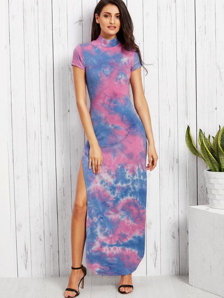 Shein Tie-dye High Neck Split Side Long Dress