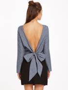 Shein Grey Bow Tie V Back Long Sleeve Top