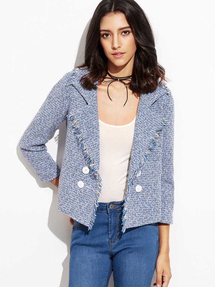 Shein Blue Double Breasted Fringe Trim Tweed Blazer