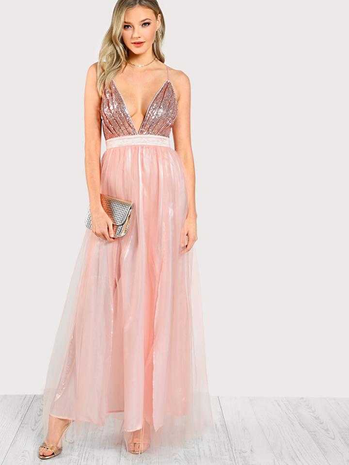 Shein Plunging Sequin Bodice Mesh Overlay Dress