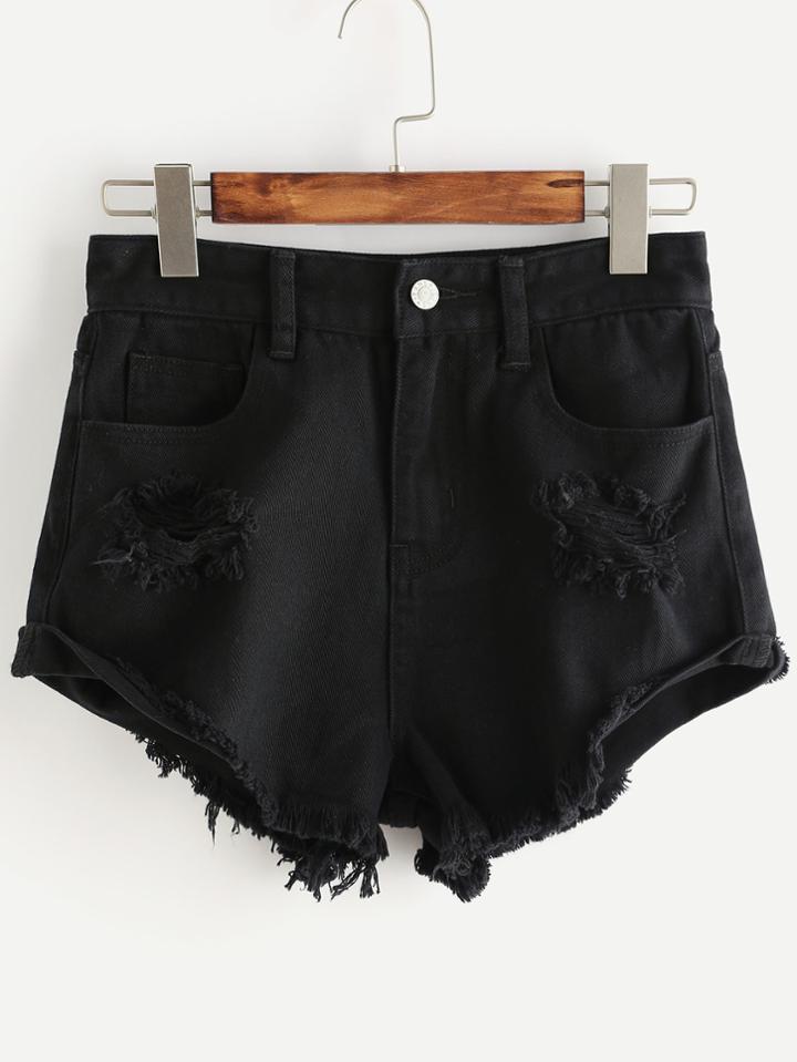 Shein Roll Cuff Ripped Denim Shorts