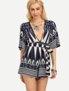 Shein Navy Belted Plunge Neck Cutout Tribal Print Romper