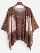 Shein Brown Tribal Print Batwing Peplum Blouse