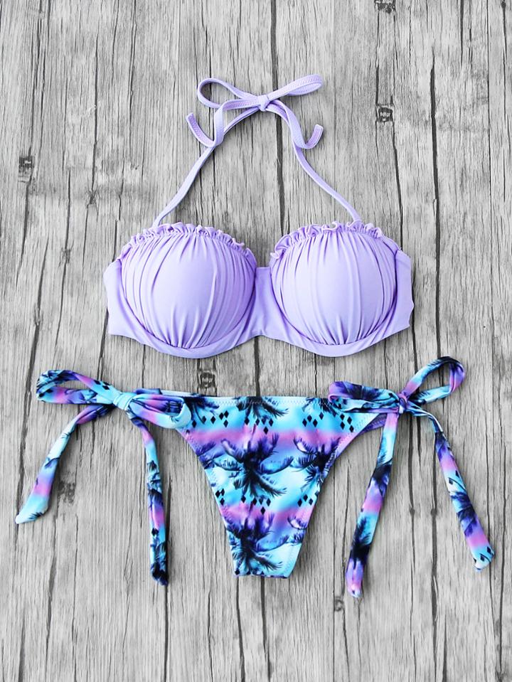 Shein Palm Tree Ruffle Detail Bustier Bikini Set