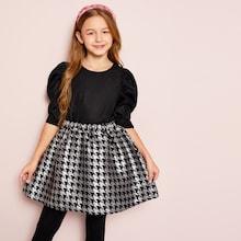 Shein Girls Puff Sleeve Top & Houndstooth Skirt Set