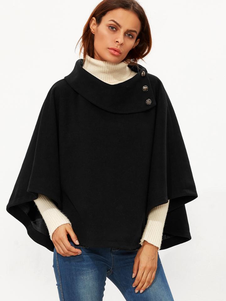 Shein Black Button Turtleneck Poncho Coat