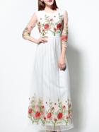 Shein White Round Neck Length Sleeve Contrast Gauze Embroidered Dress