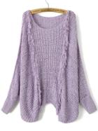 Shein Purple Hollow Out Fringe Detail Batwing Sleeve Sweater