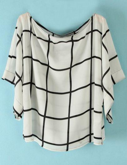Shein Black White Plaid Loose Batwing Chiffon T-shirt