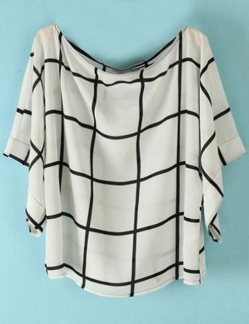 Shein Black White Plaid Loose Batwing Chiffon T-shirt
