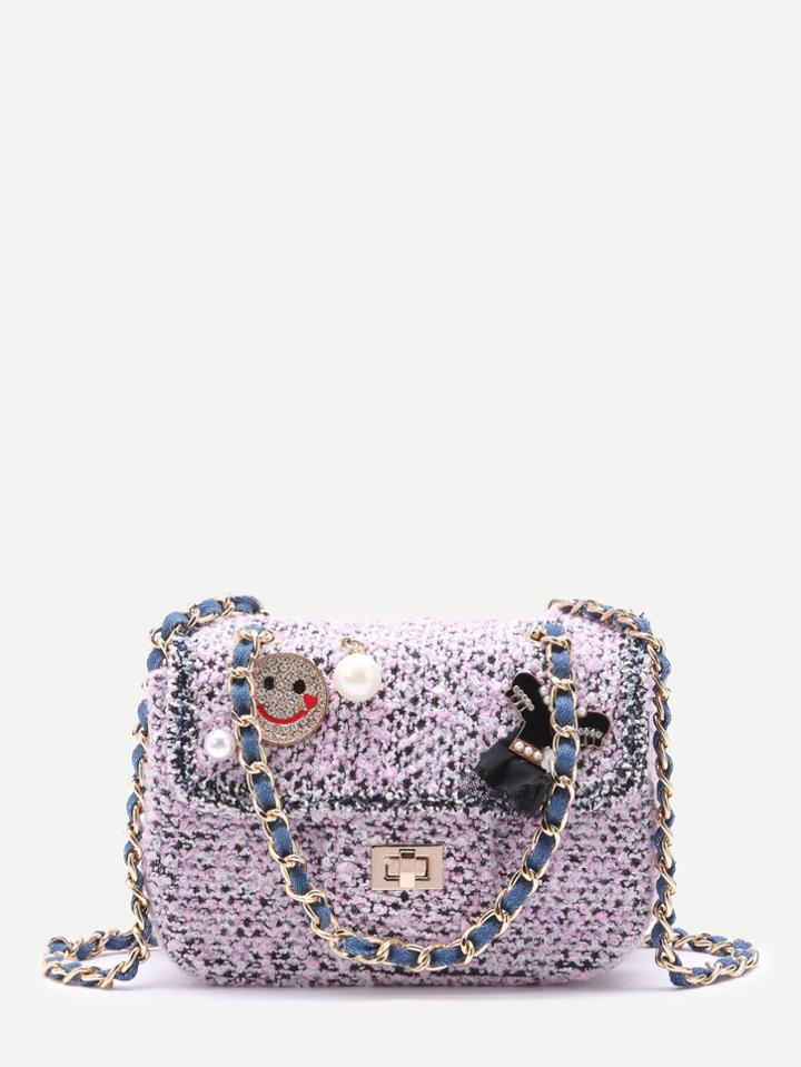 Shein Cute Pink Faux Pearl Rhinestone Woolen Box Bag With Chain Strap
