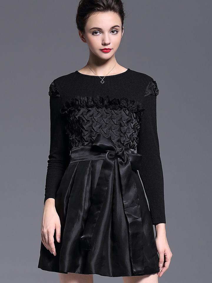 Shein Black Round Neck Long Sleeve Knit Bow Dress