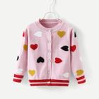 Shein Toddler Girls Heart Pattern Striped Trim Sweater Coat
