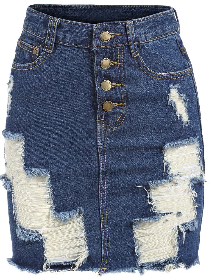 Shein Blue Ripped Buttons Denim Skirt