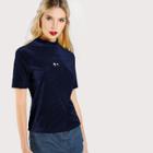 Shein Cut Out Embroidered Front Ribbed Velvet Tee
