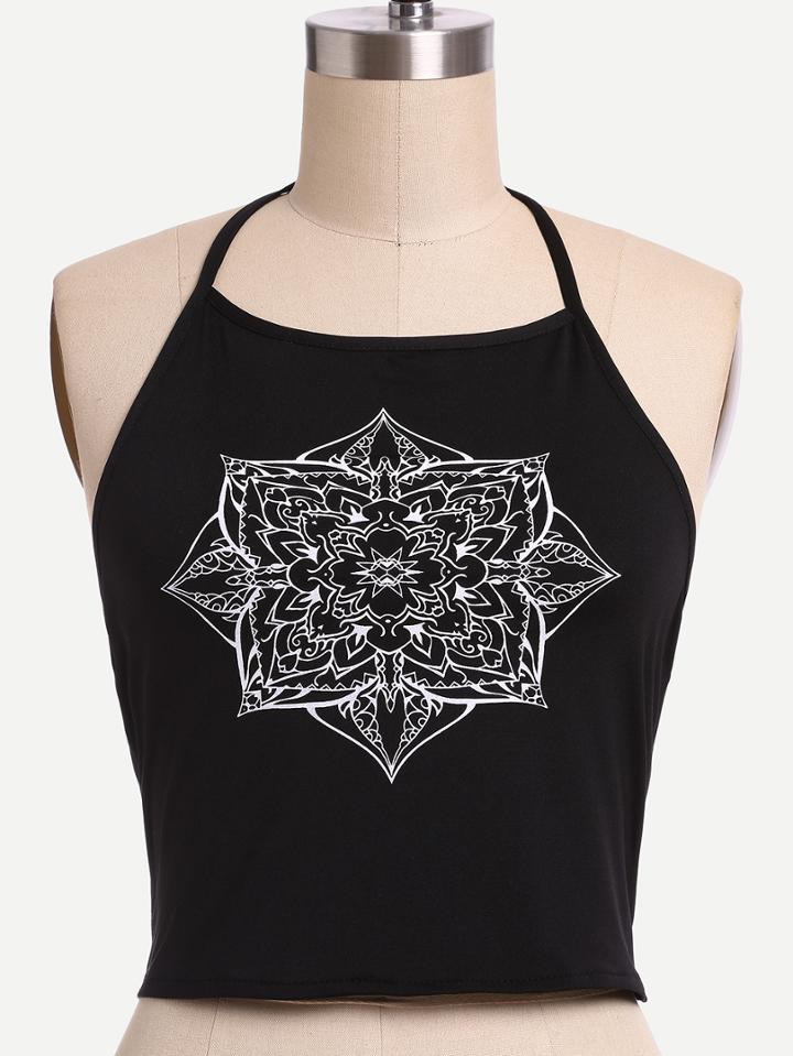 Shein Black Halter Flower Print Cami Top