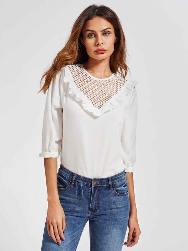 Shein Frill Trim Eyelet Yoke Top