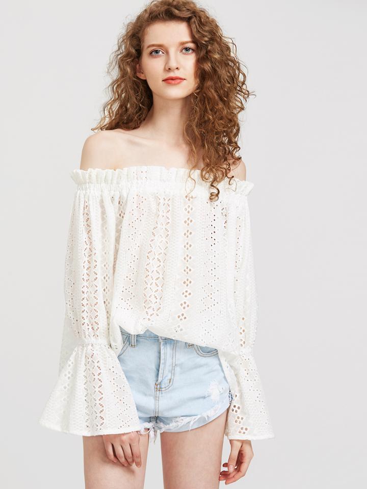 Shein Flare Cuff Eyelet Embroidered Ruffle Bardot Top