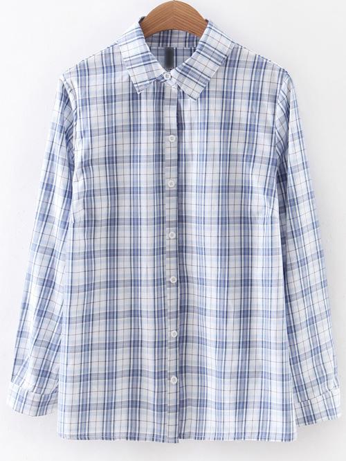 Shein Blue Long Sleeve Buttons Front Plaids Blouse