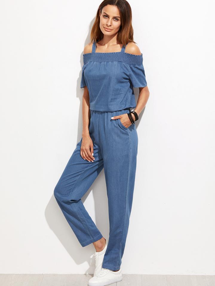 Shein Blue Cold Shoulder Jumpsuit With Pocket