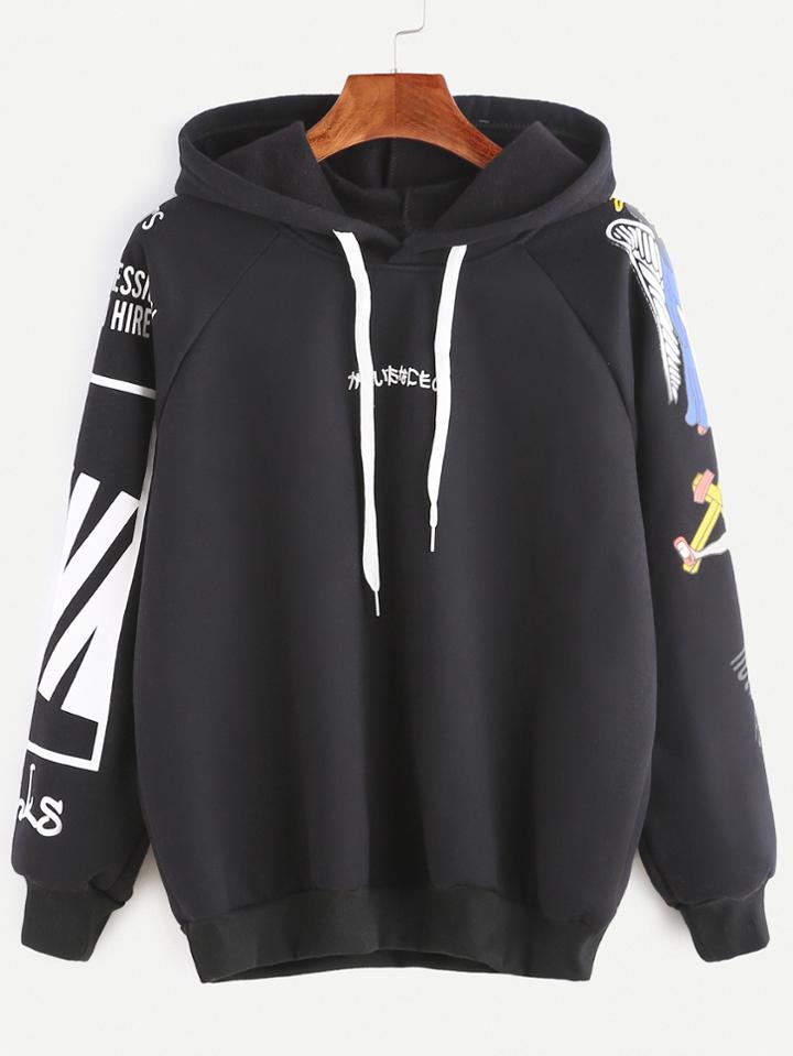 Shein Black Hooded Raglan Sleeve Cartoon Print Sweatshirt