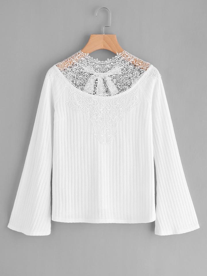 Shein Lace Neck Cutout Bow Back Ribbed Top