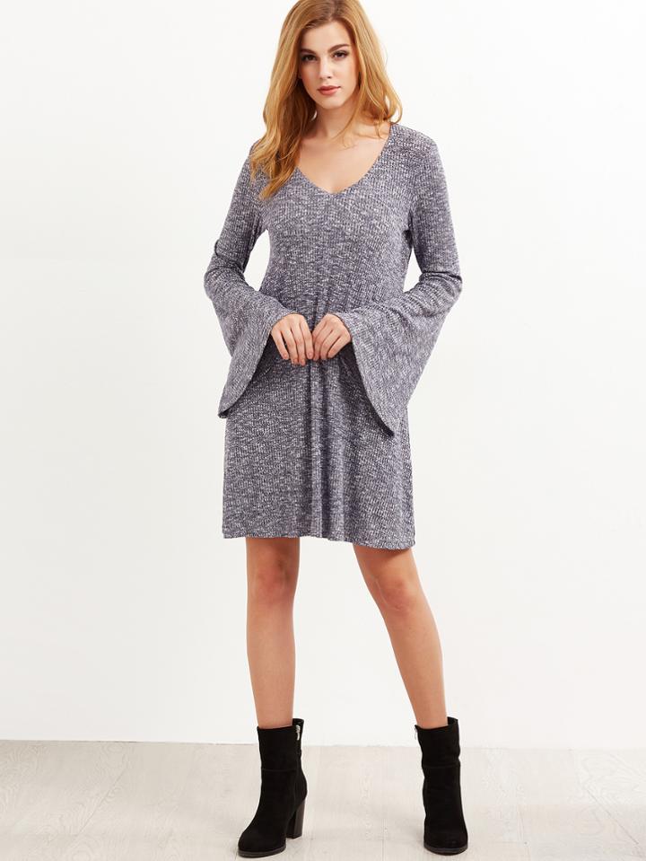 Shein Navy Marled Ribbed Knit Keyhole Back Bell Sleeve Dress