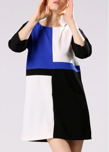 Rosewe Round Neck Patchwork Three Quarter Sleeve Straight Dress