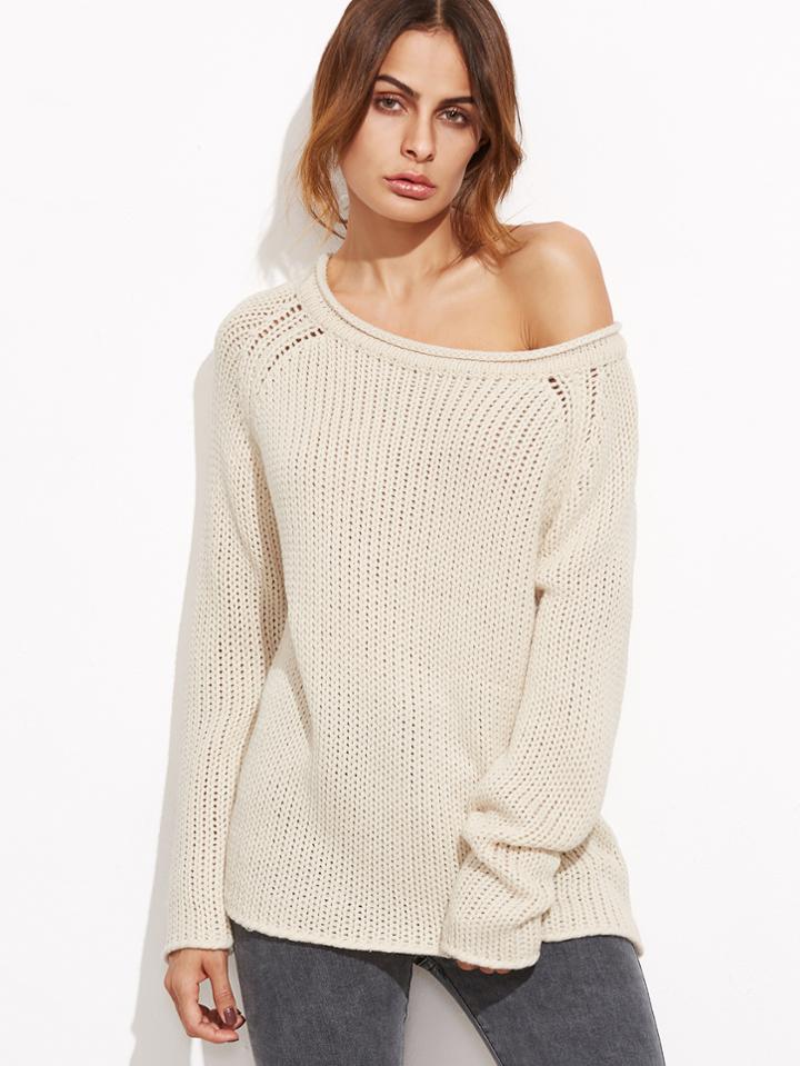 Shein Apricot Boat Neck Raglan Sleeve Loose Knit Sweater