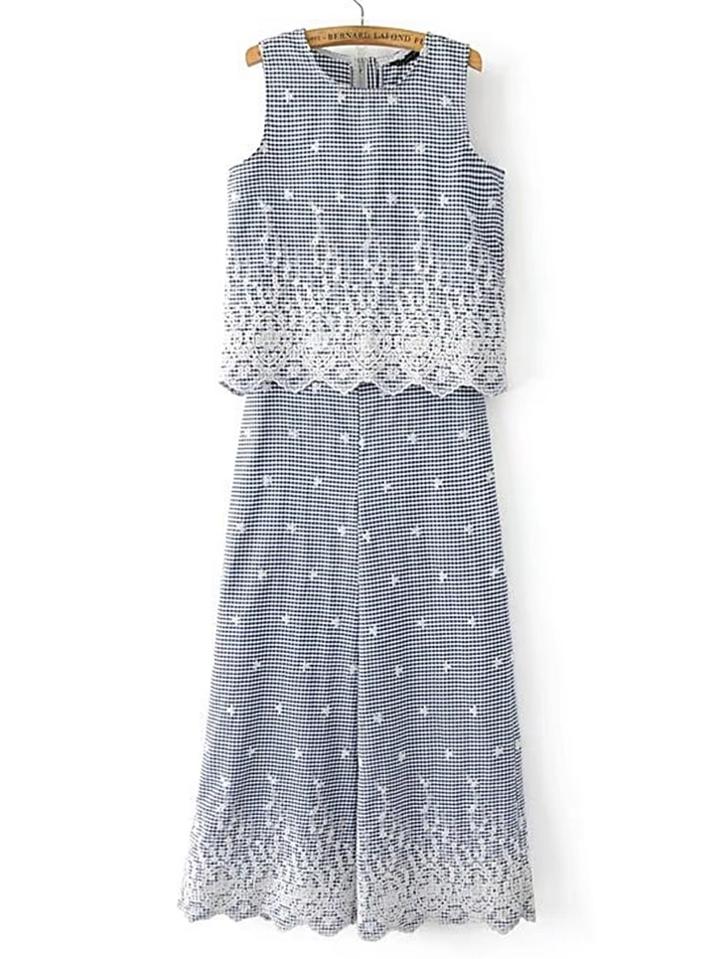 Shein Wave Hem Embroidery Tank Top With Pants