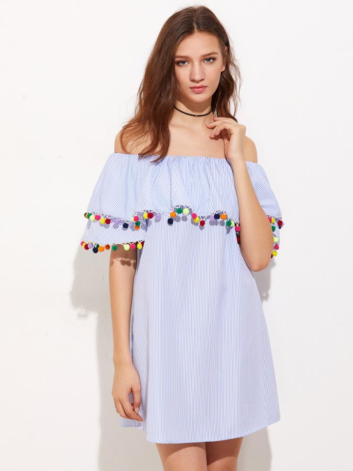 Shein Pom Pom Trim Pinstripe Frill Bradot Dress