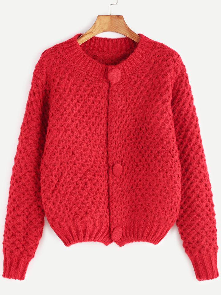 Shein Red Button Front Chunky Knit Sweater Coat