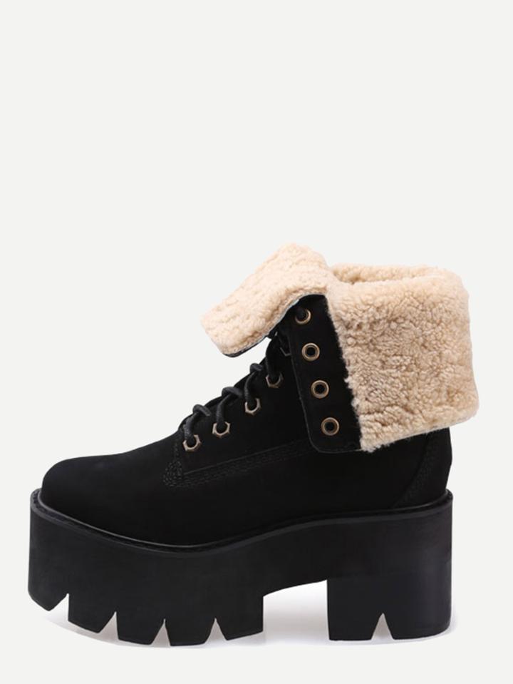 Shein Black Faux Suede Fur Lined Platform Boots