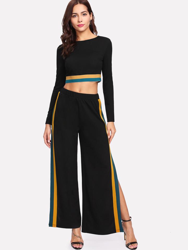 Shein Striped Hem Crop Top & Split Side Palazzo Pants Set