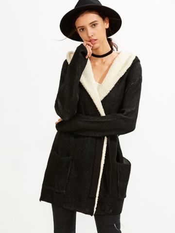 Shein Black Contrast Faux Fur Sweater Coat With Pockets