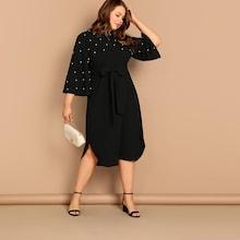 Shein Plus Mock-neck Keyhole Back Pearl Detail Dress