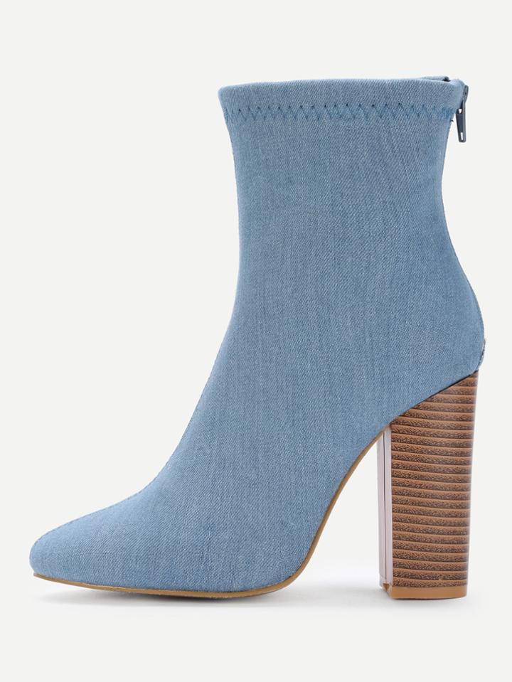 Shein Pointed Toe Denim Block Heeled Boots