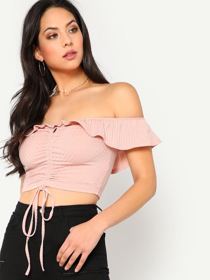 Shein Drawstring Front Ruffle Bardot Top