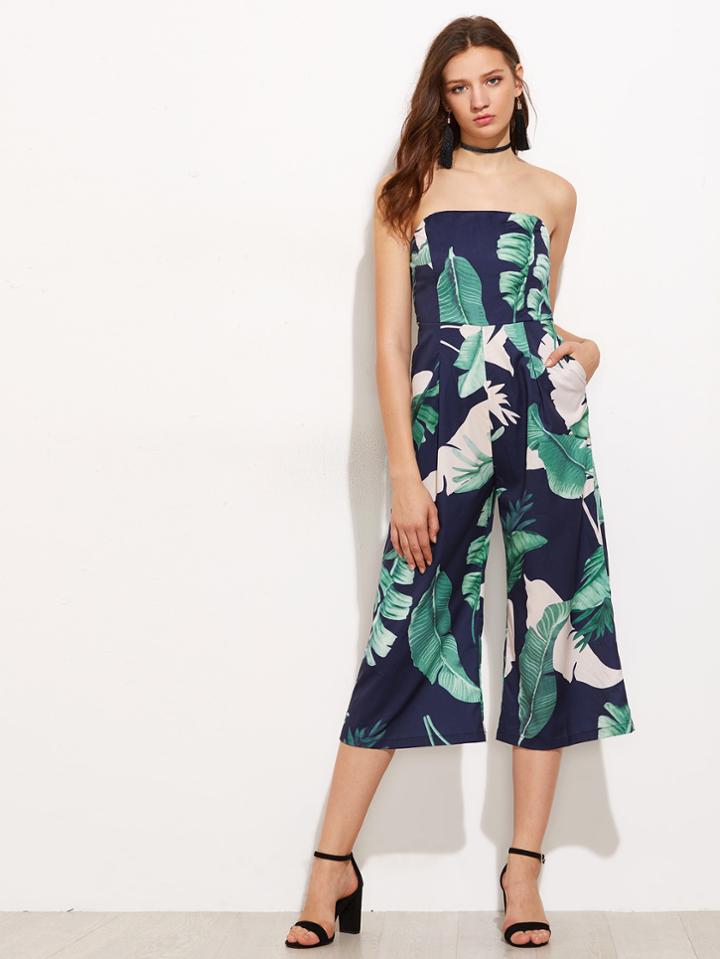 Shein Palm Leaf Print Tube Romper