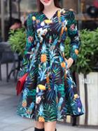 Shein Multicolor V Neck Leaves Print A-line Dress