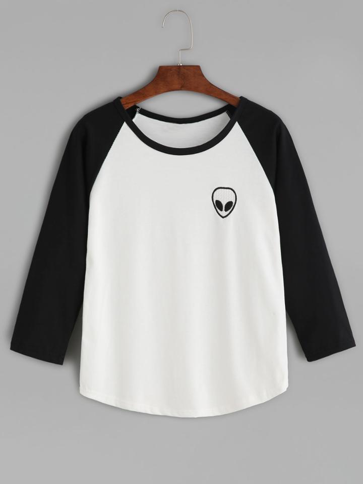 Shein Black Alien Embroidered Raglan Sleeve Curved Hem T-shirt