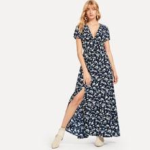 Shein Floral Print V Neck Slit Hem Longline Dress