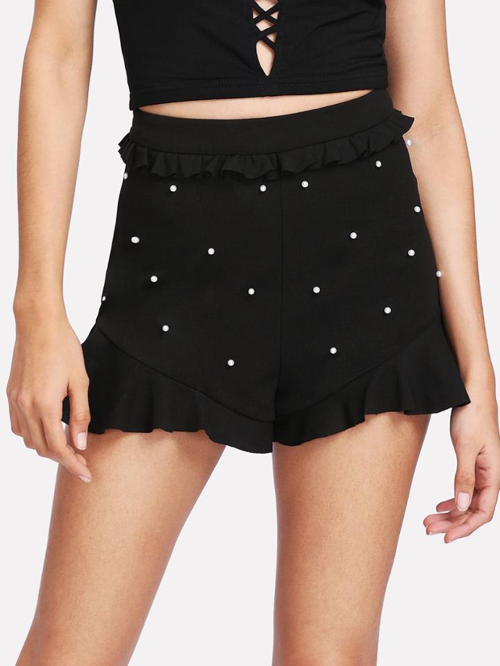 Shein Pearl Embellished Ruffle Detail Shorts