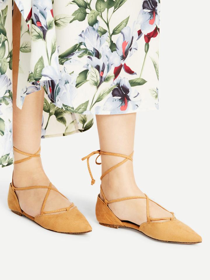 Shein Khaki Point Toe Lace Up Ballet Flats