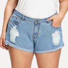 Shein Plus Roll Up Hem Ripped Denim Shorts With Belt